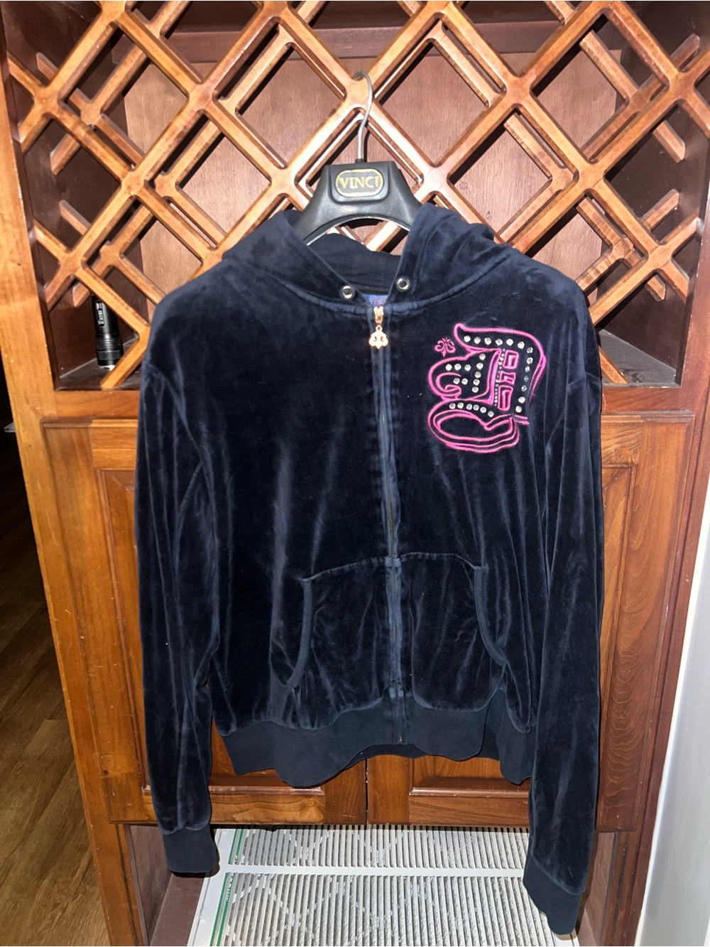 Navy Velour Hoodie with Pink Embroidered Logo